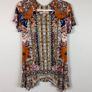 One World Top Women Small Asymmetric Aztec Western Short Sleeve Flowy Tunic Boho